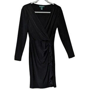 Lauren Ralph Lauren faux wrap black dress ruched, flattering size 6